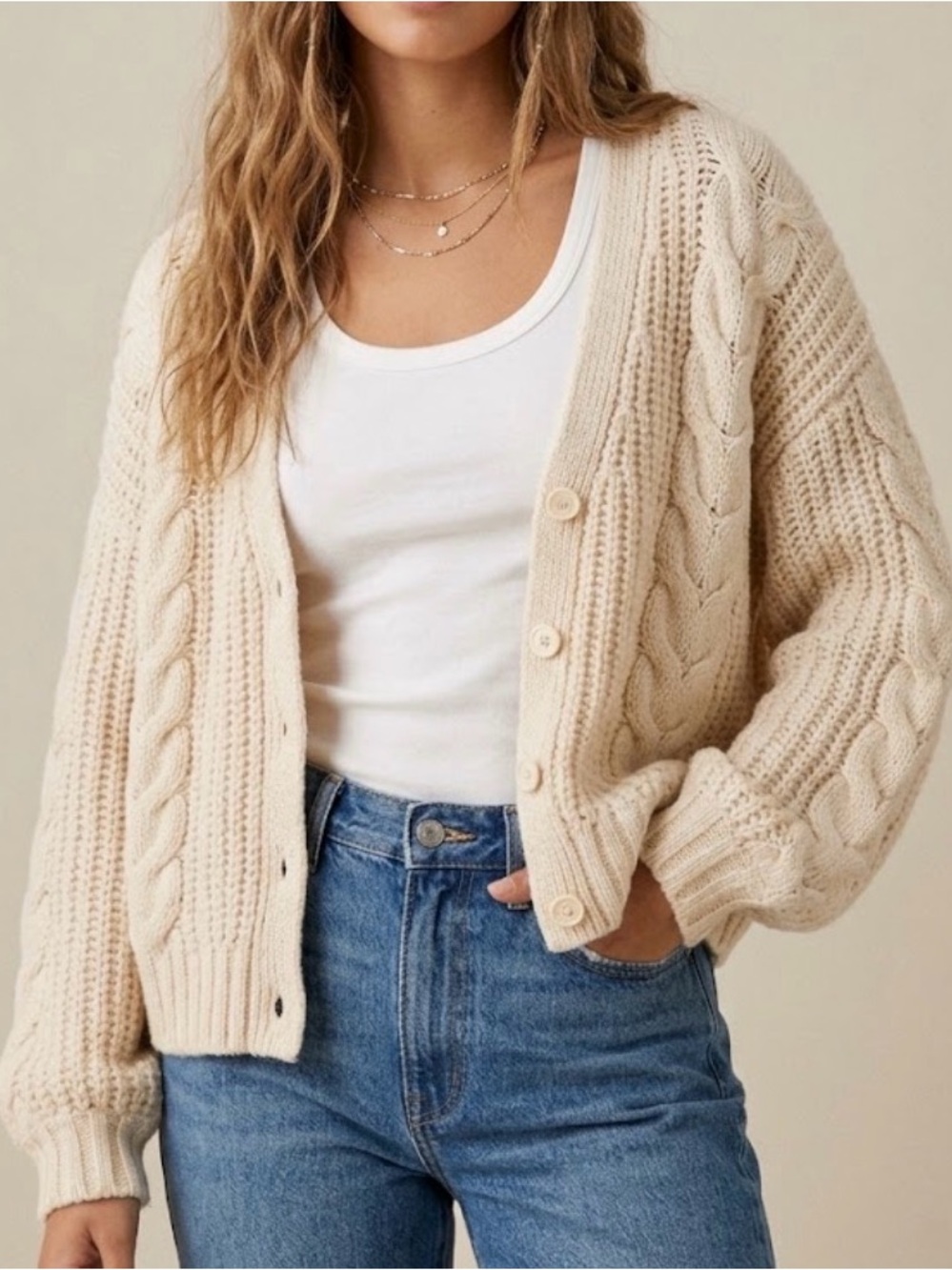 American Eagle AE Beige Cream White Oversized Slouchy Cable Knit Sweater Small